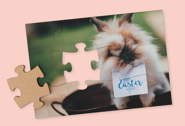 Holzpuzzle mit eigenem Bild, 12 oder 30 Teile Ostern Fotogeschenke: Ein personalisiertes Holzpuzzle mit Hasenmotiv und individuellem Bild als originelles Geschenk.