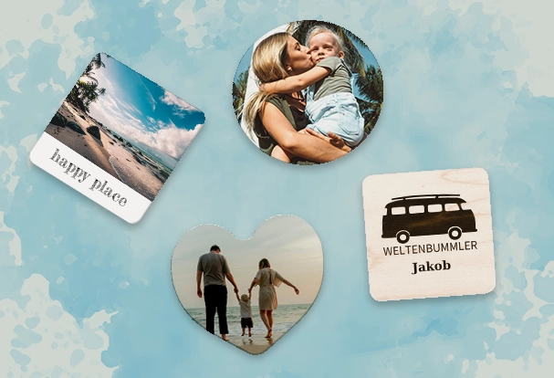 Fotomagnete ganz einfach mit Urlaubsfotos gestalten – kreatives Urlaubsgeschenk 4 Fotomagnete - Herz, Kreis, Quadrat und quadratisch aus Holz - gestaltet mit Foto und Text