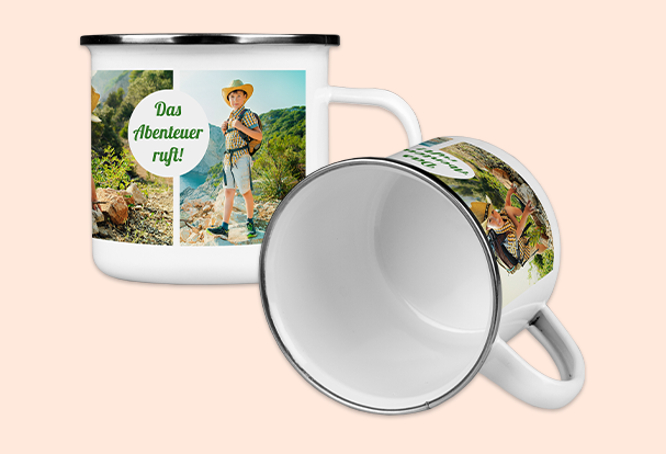 Geburtstagsgeschenk mit Fotos, Emailletasse, hochwertig Qualitative Fotogeschenke. Geburtstag mit einheitlicher Deko und Tischservice zum optischen Erlebnis machen. Nutzt dafuer beispielsweise die Emailletasse.