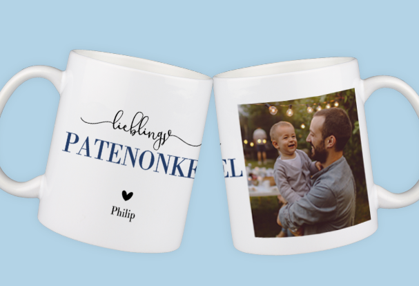 Tasse mit Foto, Panoramadruck auf weißer Keramik Diese Tasse mit Babybild und Text ‚Lieblings-Patenonkel Philip‘ ist ein ideales Babygeschenk zur Geburt für den Patenonkel.