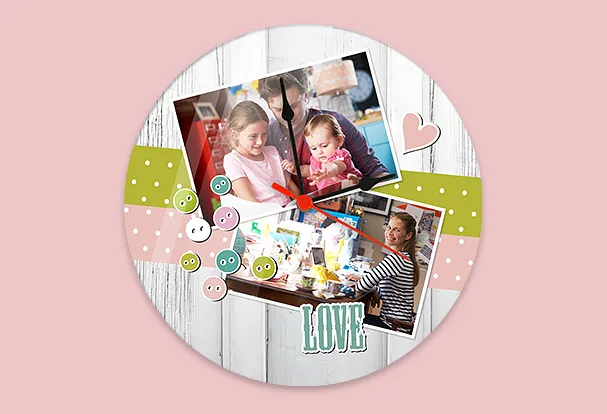Fotocollage Familie: Glasuhr mit Fotos selbst gestalten Deko Fotogeschenk für Familien selbst gestalten. Familienmitglieder, die gerade die Uhr lernen, profitieren davon. Bringt eure Fotos auf die Glasuhr!