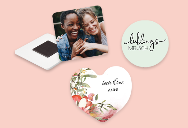 Fotogeschenke Ostern – Magnete mit eigenem Bild Ostergeschenk mit eigenem Foto: Dekorative Magnete mit Foto und liebevollen Botschaften in Herz-, Kreisform und quadratisch.
