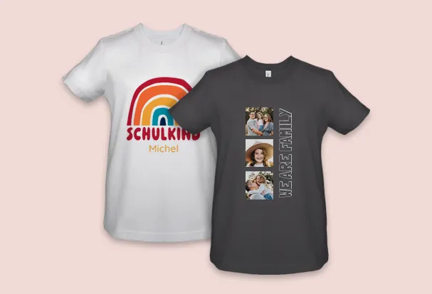 Kindershirts mit Namen, Fotos und Designvorlagen gestalten Zwei Kinder-T-Shirts, eines mit Regenbogen, Namen und Schriftzug "Schulkind", eines mit Familienfotos und "WE ARE FAMILY".