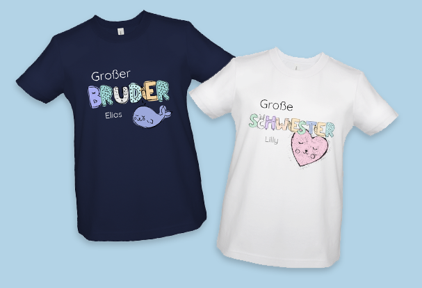 personalisierte Kinder T-Shirt, Farb- und Größenauswahl Diese Geschwistershirts mit Namen und Cliparts sind süße Babygeschenke, personalisiert für stolze große Brüder und Schwestern.