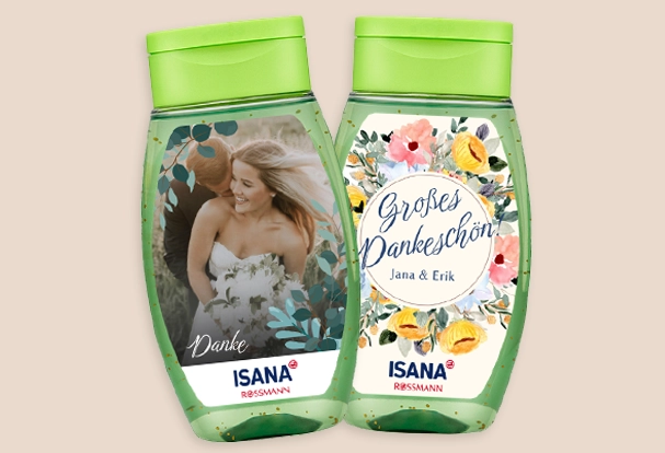 ISANA Pflegedusche Öl & Lemon als Give-away zur Hochzeit ISANA Pflegedusche mit personalisiertem Etikett als Fotogeschenke Hochzeit – eine kleine Wohltat nach einer durchtanzten Nacht.