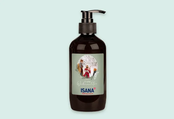 ISANA Aromaseife im Pumpspender, mit Foto personalisiert Brauner Pumpspender ISANA Aromaseife Orange & Sandelholz, ansprechend gestaltet mit einem Foto und Designvorlage.