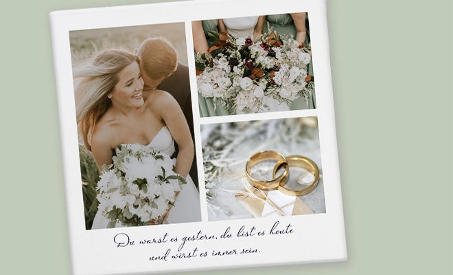 Hochwertiger Fotodruck auf Leinwand als Hochzeitserinnerung Fotoleinwand mit Bildern eines Brautpaars, weißem Blumenstrauß und goldenen Eheringen – ein Fotogeschenk zur Hochzeit mit großer Wirkung.