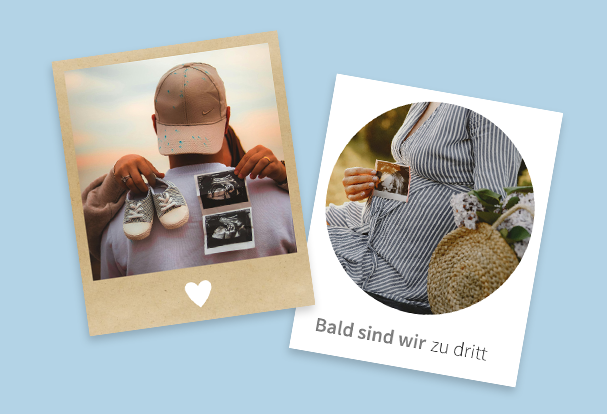 Fotos im Retrostil als personalisierte Geschenke zur Geburt Diese Schwangerschafts-Fotos im Polaroid-Stil sind kreative Beispiele für Babygeschenke zur Geburt und freudige Verkündungen.