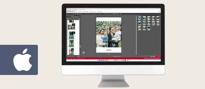 Fotoprogramm für Mac zur Kalendergestaltung Eine Fotosoftware auf einem Mac zeigt die Erstellung eines Fotokalenders mit individuellen Bildern und einem modernen Design.