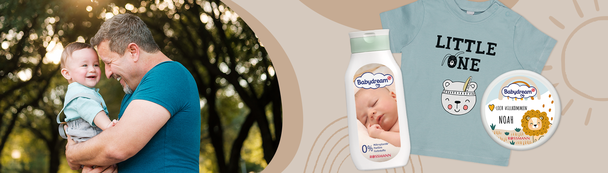 personalisierte Babygeschenke zur Geburt eures kleinen Wunders Ein Vater mit Baby auf dem Arm, daneben sind personalisierte Geschenke zur Geburt zu sehen, wie Creme, T-Shirt und Schaumbad.