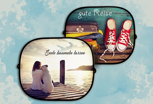 Praktisches Urlaub Geschenk: Sonnenschutz mit eigenem Bild gestalten Auto-Sonnenschutz mit Urlaubsfoto-Motiv an Seitenscheibe montiert