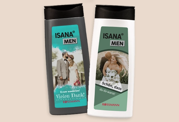 ISANA Men Duschgel als Gastgeschenk, 300 ml Flasche ISANA Men Duschgel in zwei Düften mit individuellem Etikett als Fotogeschenke Hochzeit – perfekt für den Morgen nach der Feier.