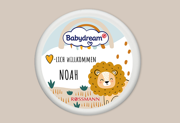 Personalisierte Babydream Pflegecreme, kreative Designauswahl Diese Babycreme mit süßem Löwenmotiv und Namensaufdruck ist ein liebevolles, personalisiertes Geschenk zur Geburt.