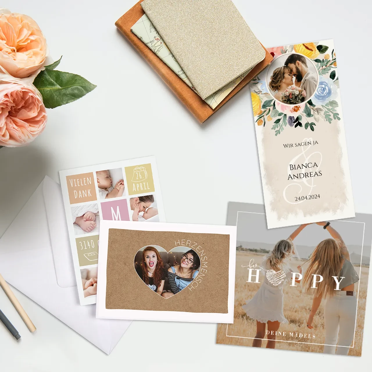 Karten selber gestalten, verschiedene Motive und Formate Die Grußkarten aus der ROSSMANN Fotowelt sind in verschiedenen Größen und Formaten erhältlich. Auch zahlreiche hochwertige Designvorlagen stehen zur Wahl.