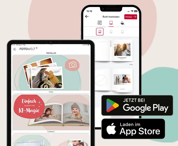 Ladet euch jetzt die ROSSMANN Fotowelt App auf euer Handy. Die Fotobuch App findet ihr im App Store und im Google Play Store.