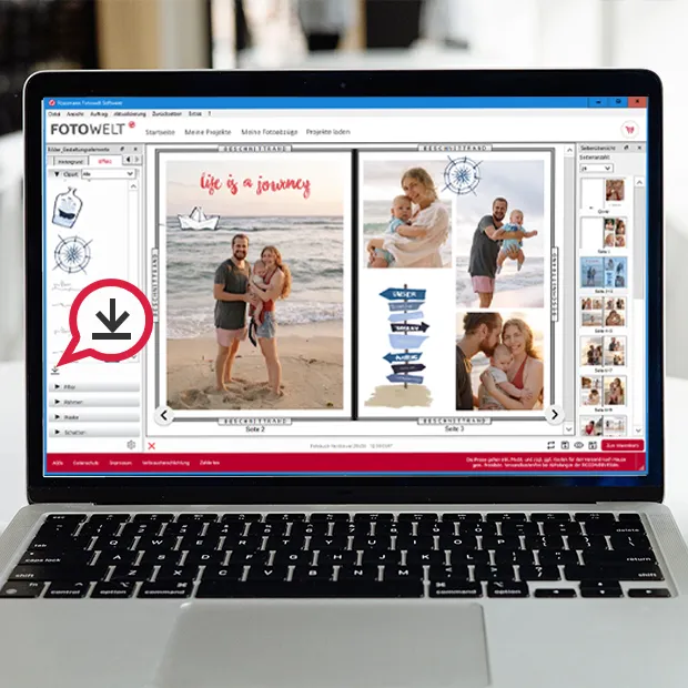 Fotobuch Software nutzen, um euer Fotobuch kreativ zu gestalten. Dank nachladbarer Cliparts habt ihr noch mehr Gestaltungsmöglichkeiten.