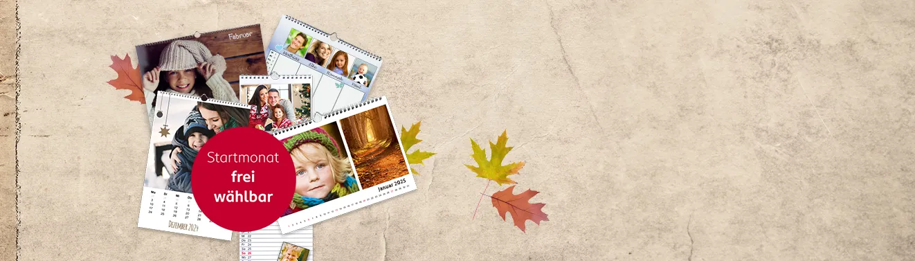 Fotokalender mit eigenen Fotos gestalten – Startmonat individuell auswählen Verschiedene Fotokalender mit Familienfotos und herbstlichen Motiven, Startmonat frei wählbar