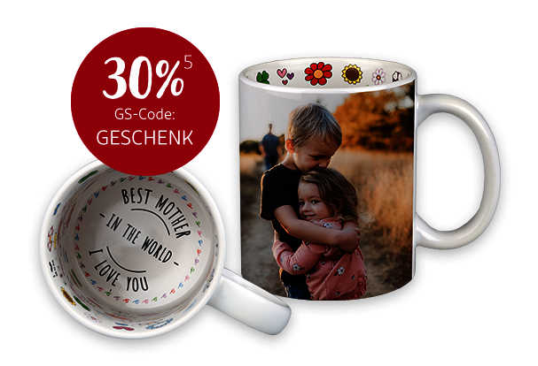 Fototasse zum Muttertag verschenken mit niedlichen Illustrationen und Wünschen innen. Fototasse zum Anlass Muttertag mit zusätzlichem Design im Inneren.