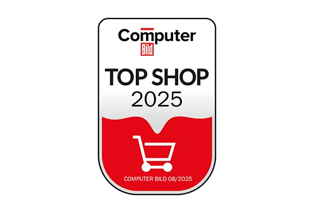 Computer Bild zeichnet Top Shops 2025 aus Das offizielle Top Shop 2025 Siegel von Computer Bild mit Einkaufswagensymbol und dem Veröffentlichungsdatum 08/2025.