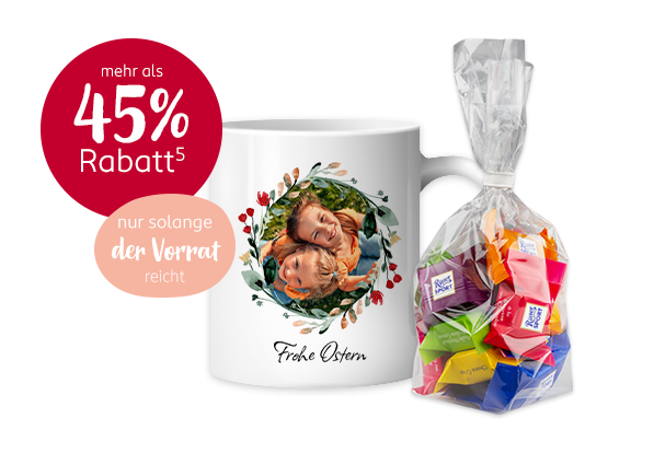 Aktion - mit Schokolade befüllte Tasse, Tasse mit Foto gestalten Als besonderes Geschenk mit Schokolade befüllt bestellen - Tasse mit Foto bedrucken lassen und süße Grüße verschenken.