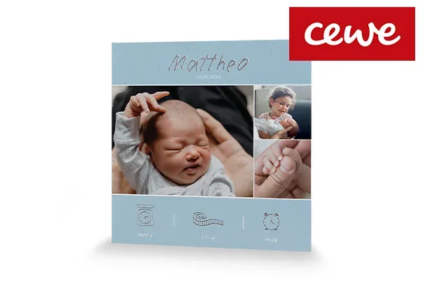 Fotokarten von Cewe Individuell gestaltete Fotokarte, Vorstellung Baby typische Gestaltung mit Namen, Bild und Geburtsdaten