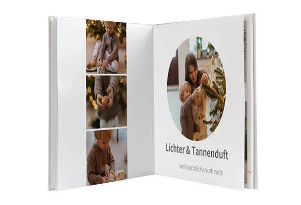 Rossmann Fotobuch erstellen, Varianten- & Formatauswahl Abgebildet ist ein geöffnetes Fotobuch mit persönlichen Fotos. Sammelt eure schönsten Erinnerungen in einem ROSSMANN Fotobuch.