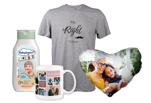 Zahlreiche ROSSMANN Foto-Geschenke für verschiedene Anlässe Gestaltet kreative Geschenke mit Fotos, wie diese Tasse, Textilien oder Pflegeprodukte, und bereitet euren Liebsten eine Freude.