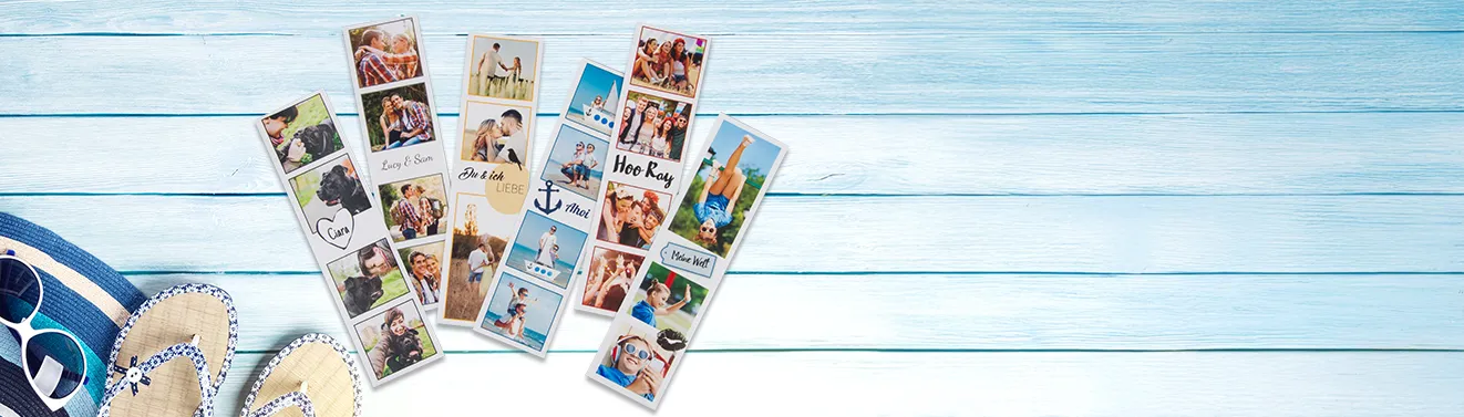 Fotostreifen gestalten – persönliche Erinnerungen in verschiedenen Designs drucken Fotostreifen mit verschiedenen Motiven und kreativen Designs nebeneinander dargestellt