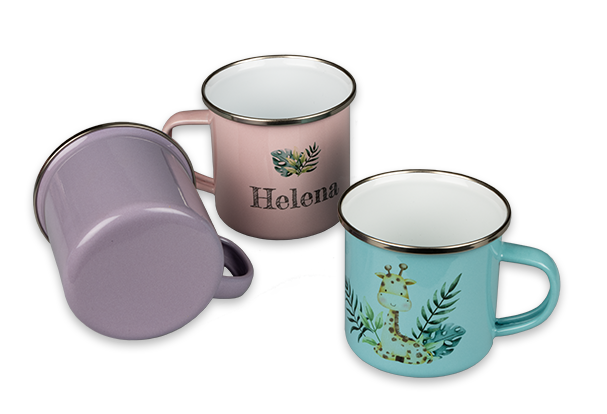 Emaille Tasse personalisieren – mit Namen, Farben und niedlichen Designs gestalten Robuste Emaille Tassen in verschiedenen Farben mit Namen und niedlichen Illustrationen personalisiert