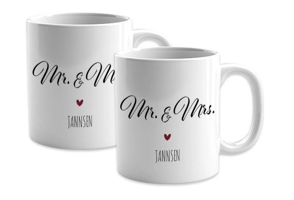Tassen Set zur Hochzeit gestalten – persönliches Geschenk für Braut und Bräutigam Personalisiertes Tassen Set zur Hochzeit für Braut und Bräutigam mit romantischem Design