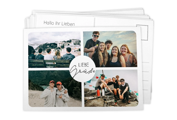 Fotocollage auf Urlaubspostkarte – mehrere Reiseerinnerungen kreativ kombinieren Postkarte mit Fotocollage aus Urlaubsbildern von Landschaften, Sehenswürdigkeiten und besonderen Momenten