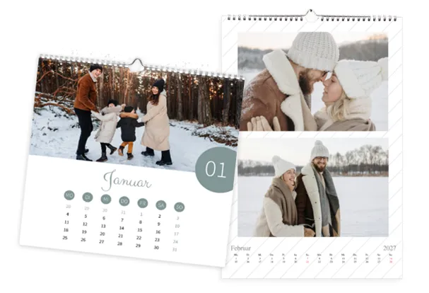 Fotokalender 2027 mit eigenen Fotos gestalten – persönliche Erinnerungen für jeden Monat Zwei Wandkalender mit Spiralbindung und winterlichen Familienfotos für Januar und Februar 2027