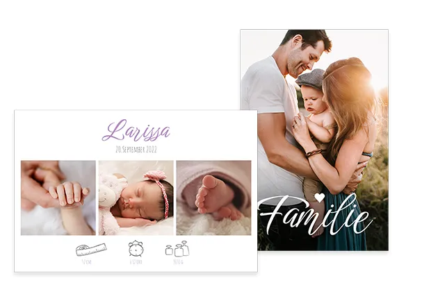 Poster mit eigenen Fotos gestalten – persönliche Familienmomente als Fotoposter festhalten Zwei personalisierte Fotoposter mit Familienfoto und Collage aus Babyfotos mit Geburtsdaten