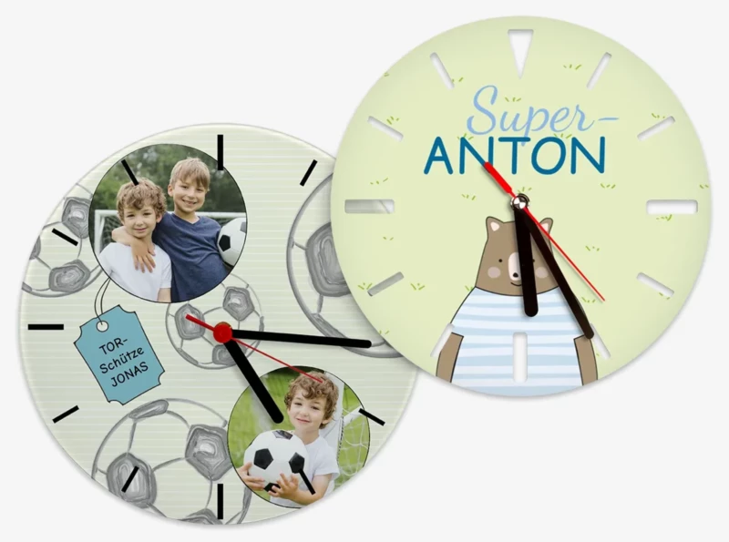 Mit der Fotouhr verschenkt ihr Zeit und Erinnerungen. Gestaltet eine personalisierte Wanduhr mit euren schönsten Fotos und persönlichem Text. Tolles Geschenk für Kinder.