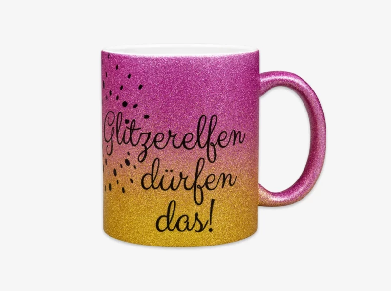 Glitzertasse selbst gestalten mit lustigen Sprüchen, Wünschen oder einem persönlichen Gruß. Tolles Geschenk für Familie, Kollegen und alle anderen Lieblingsmenschen.