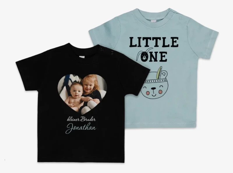 Ob mit einem süßen Foto, niedlichen Design oder einer freudigen Botschaft an werdende Großeltern und Geschwister – Lasst eurer Kreativität beim Babyshirt bedrucken freien Lauf und nutzt unsere Designvorlagen, sodass die Gestaltung im Handumdrehen gelingt.