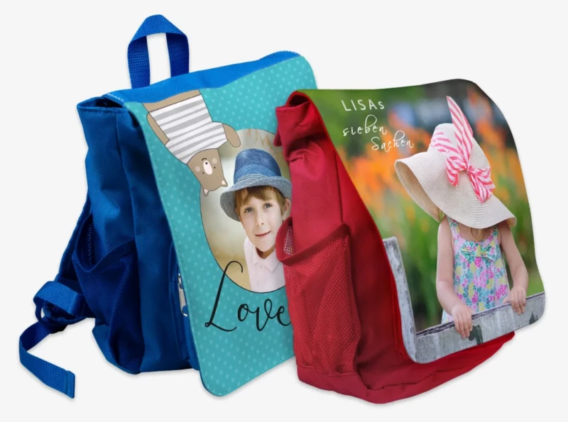 Kindergartenrucksack mit Namen, Foto und Text. Der Kinderrucksack aus strapazierfähigem Polyester hat verstellbare Gurte. Ideal für den Kindergarten und den Schulausflug.